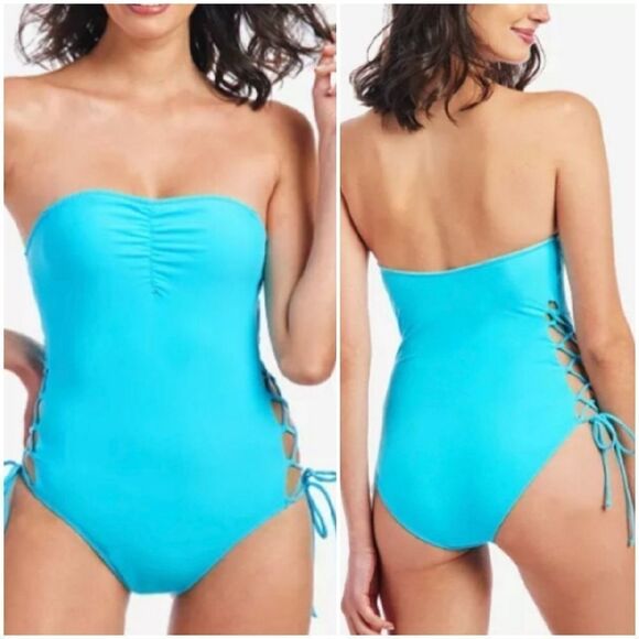RACHEL Rachel Roy Sz Medium bandeau touquoise Lace-Up One-Piece Swimsuit - Picture 1 of 8